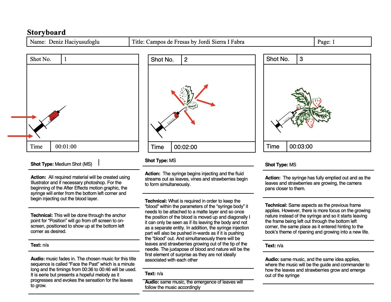 Storyboard page 1: shots 1 to 3, the syringe entering and leaves and strawberries growing from it
