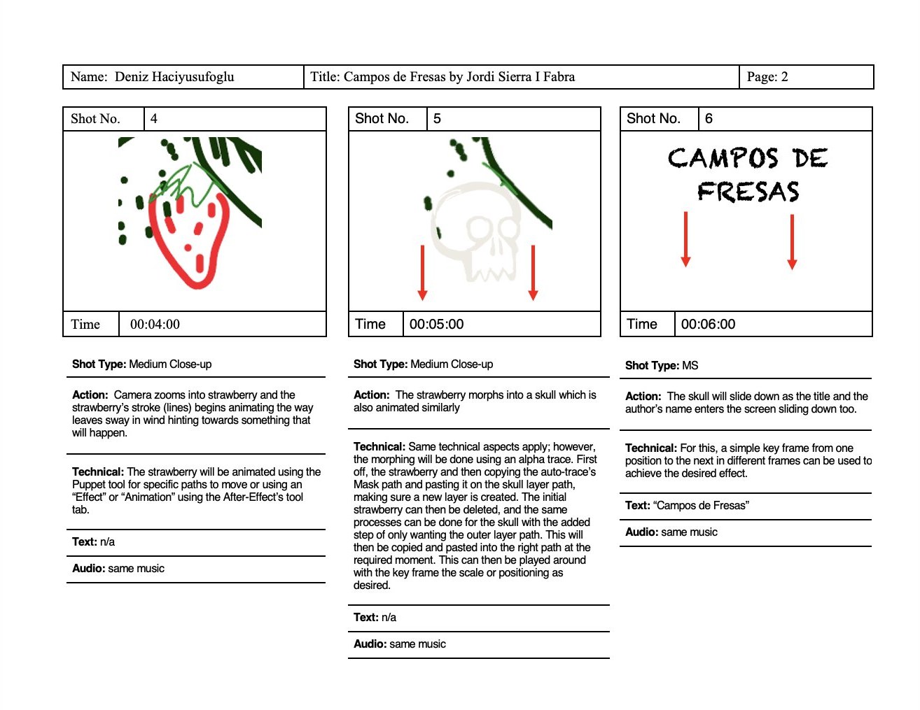 Storyboard page 2: shots 4 to 6, the strawberry morphing into a skull and the title sliding in