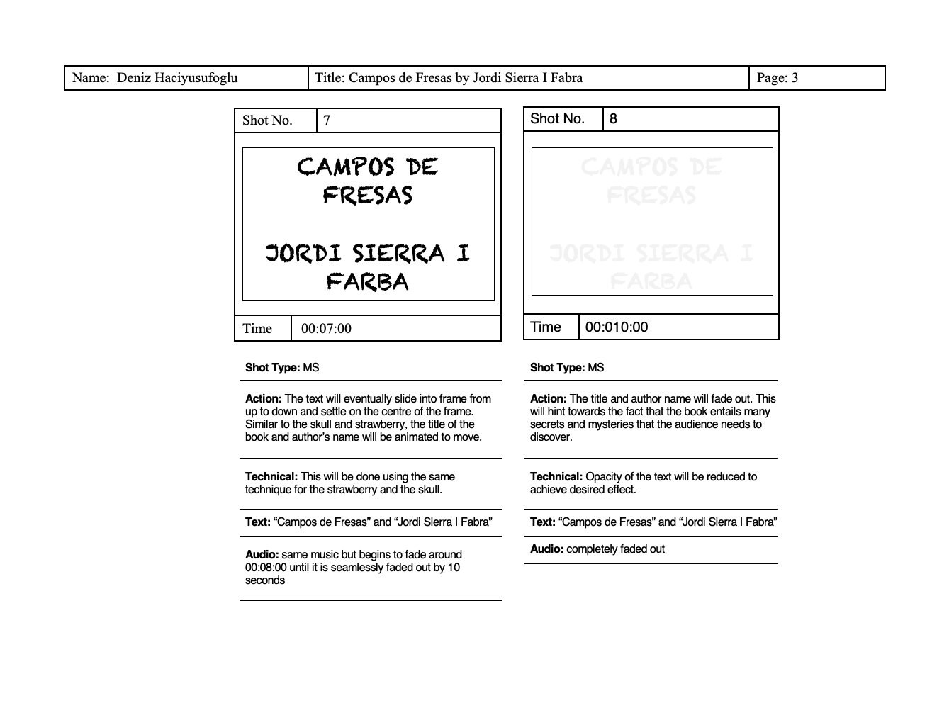 Storyboard page 3: shots 7 and 8, the title and author settling and fading out