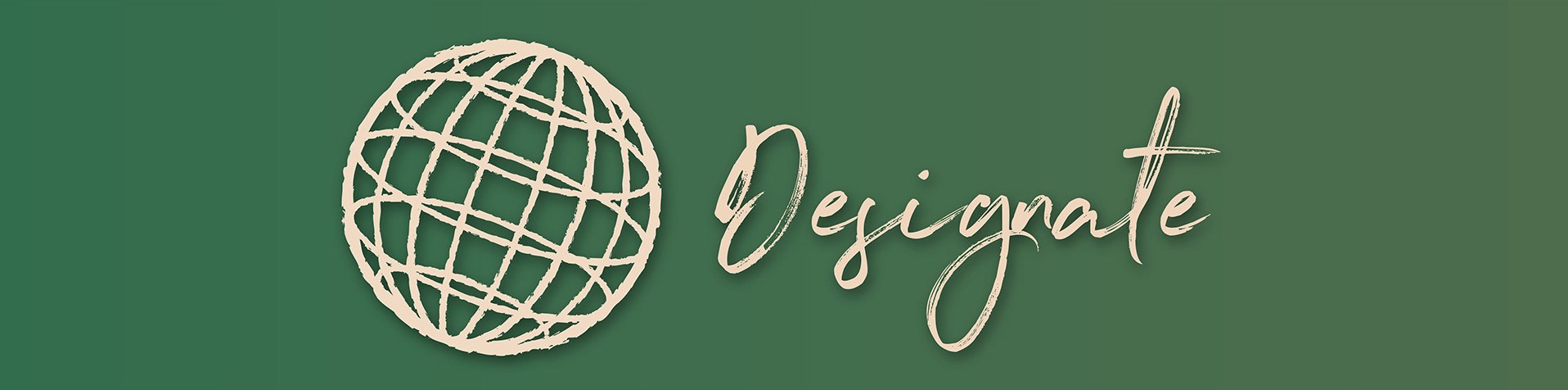 Designate logo: a line-drawn globe and script wordmark on green