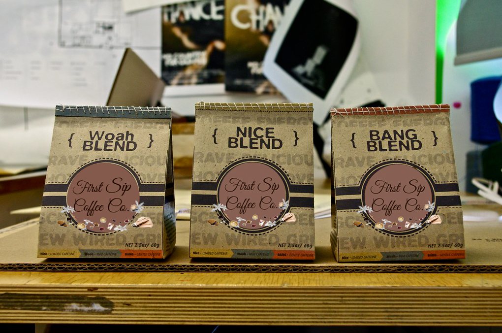 The Woah, Nice and Bang Blend bags lined up on a desk