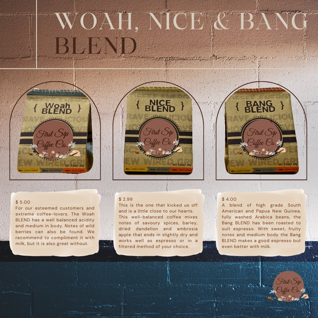 Product page for the Woah, Nice and Bang blends with prices and tasting notes
