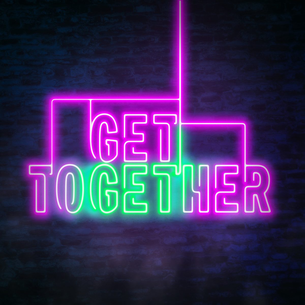 The Get Together neon logo on a brick wall