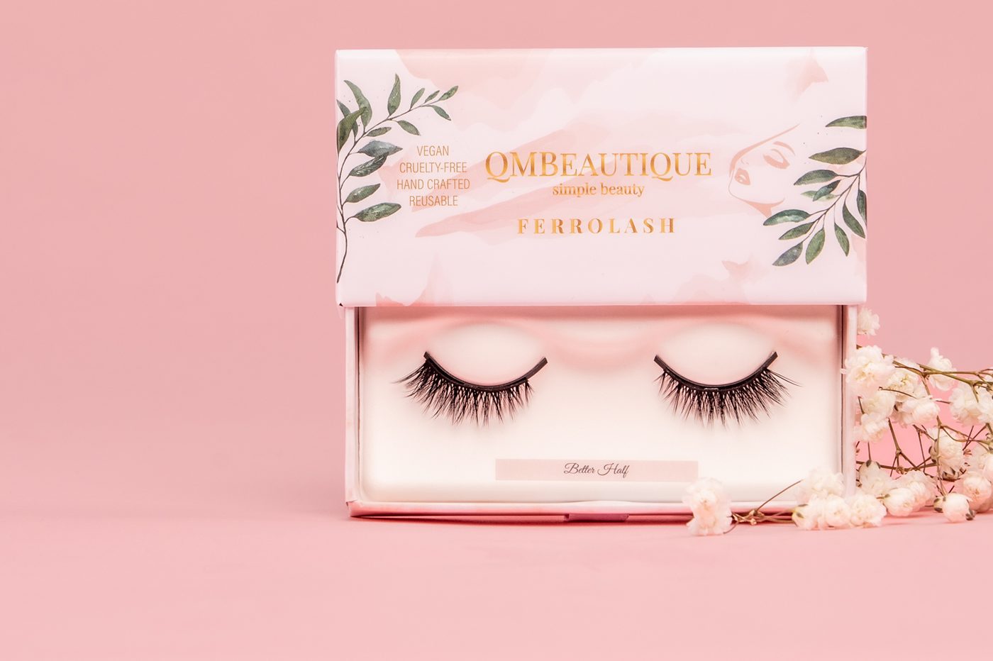 A Ferrolash magnetic lash box, open, with baby's breath
