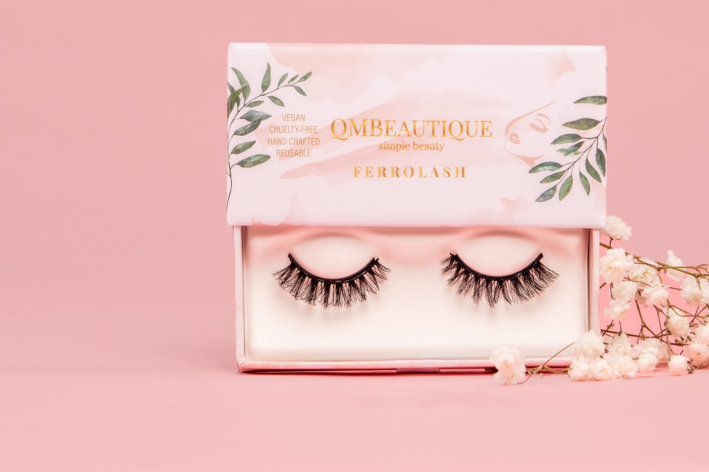 A Ferrolash magnetic lash box, open, with baby's breath