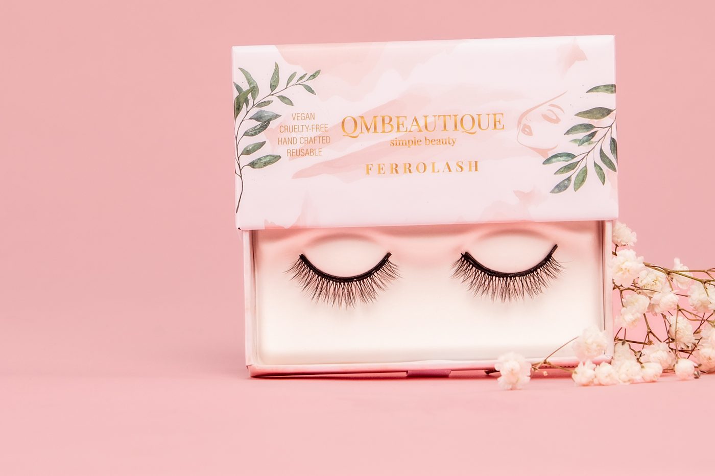 A Ferrolash magnetic lash box, open, with baby's breath