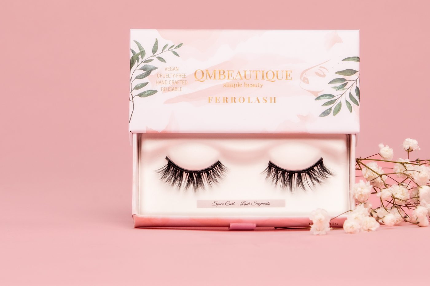 A Ferrolash magnetic lash box, open, with baby's breath