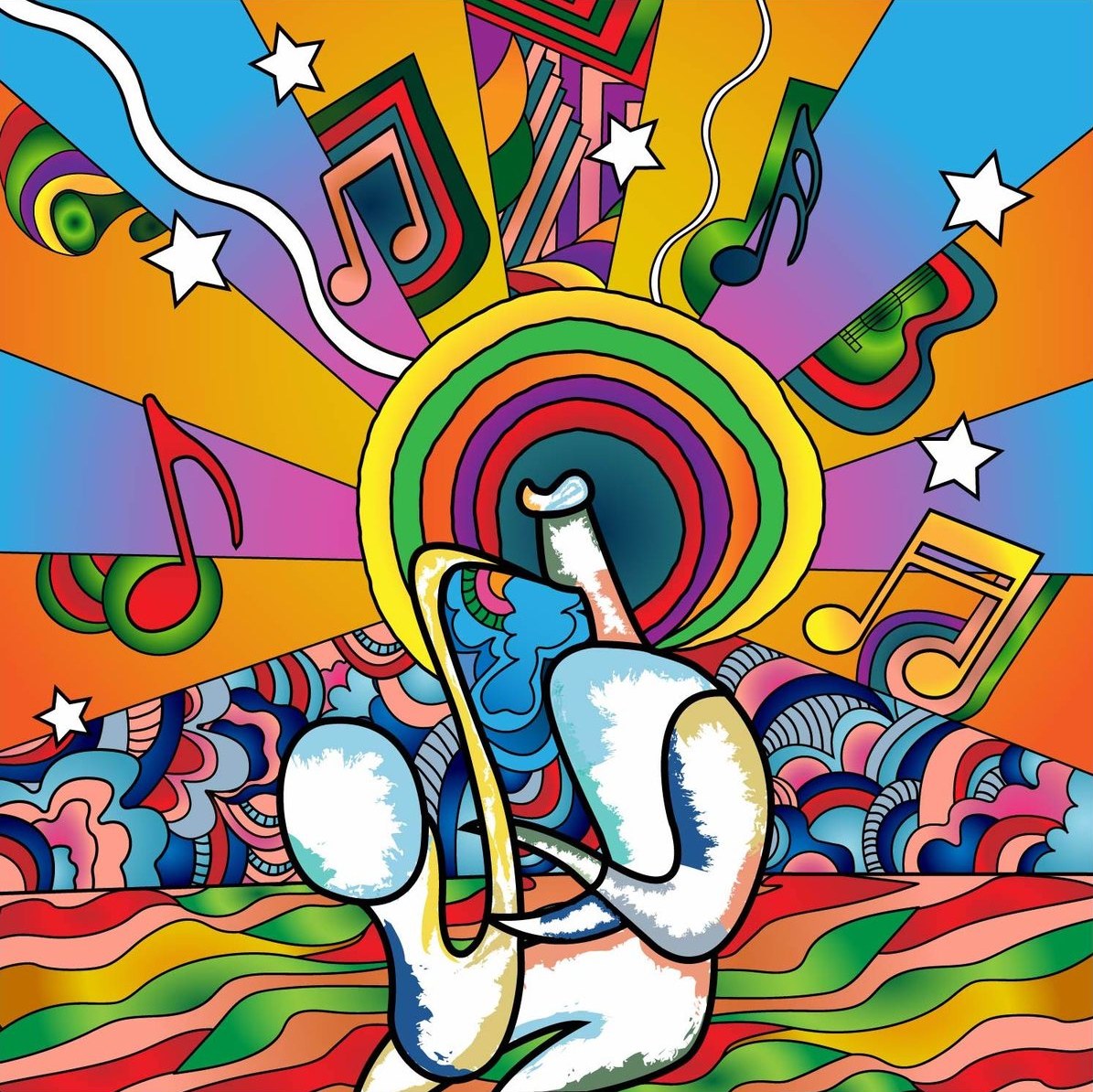 Snappy Chill cover: a psychedelic figure surrounded by music notes, stars and rainbow waves