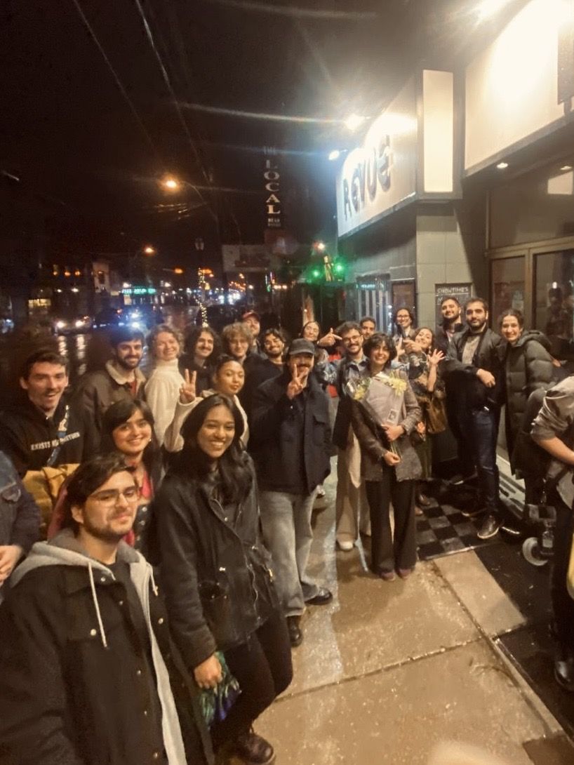 Cast, crew and friends outside the Revue
